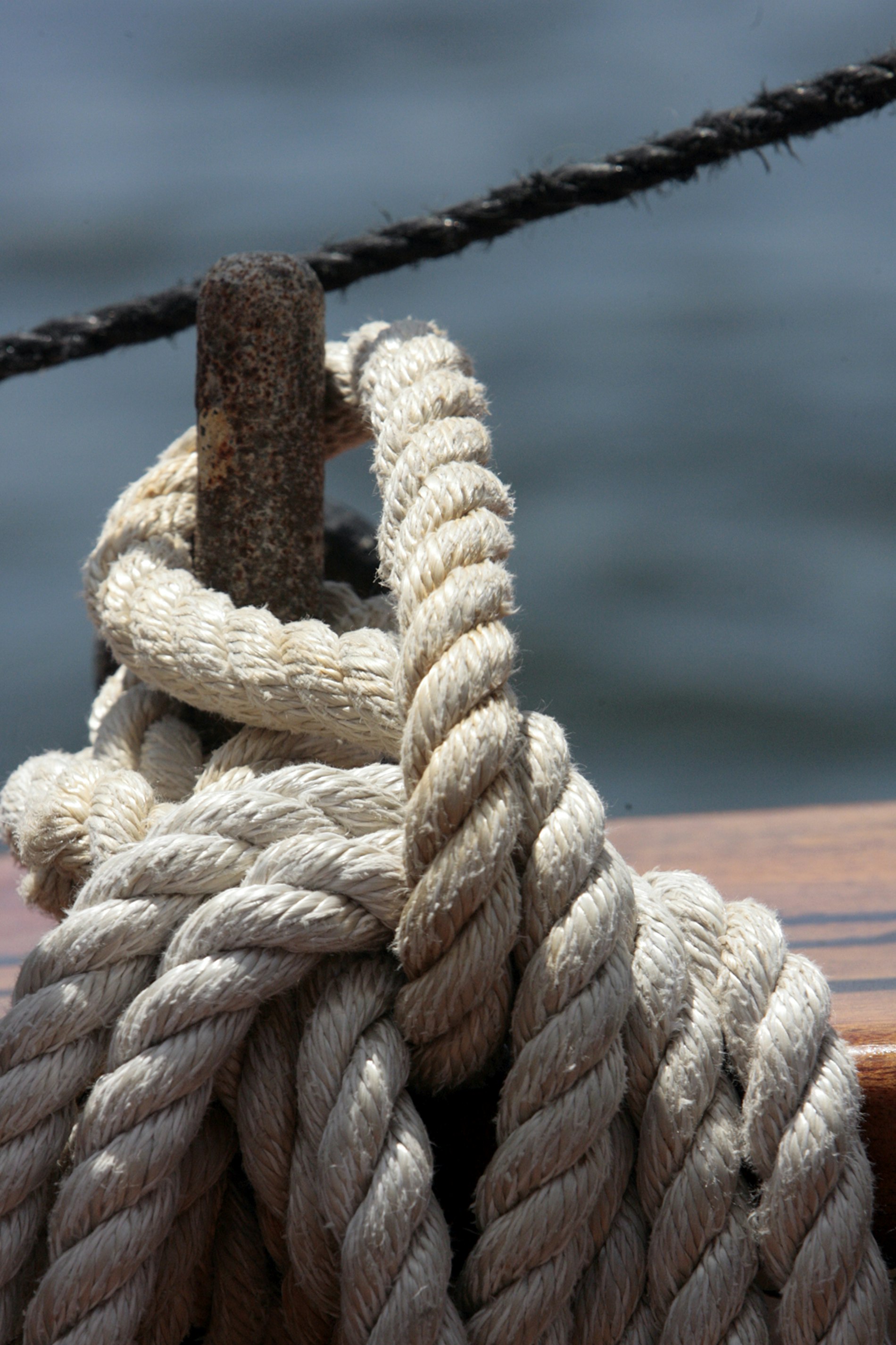 Close-up of a coiled rope on a sailing boat deck